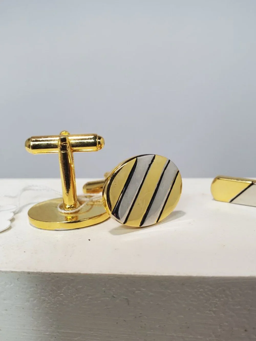 Two-Tone Gold and Silver Diagonal Striped Cufflinks & Tie Clip 3-Piece Set